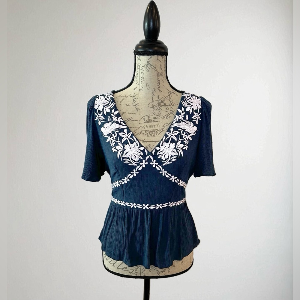 Knox Rose Navy Blue Blouse with White Floral Embroidery
